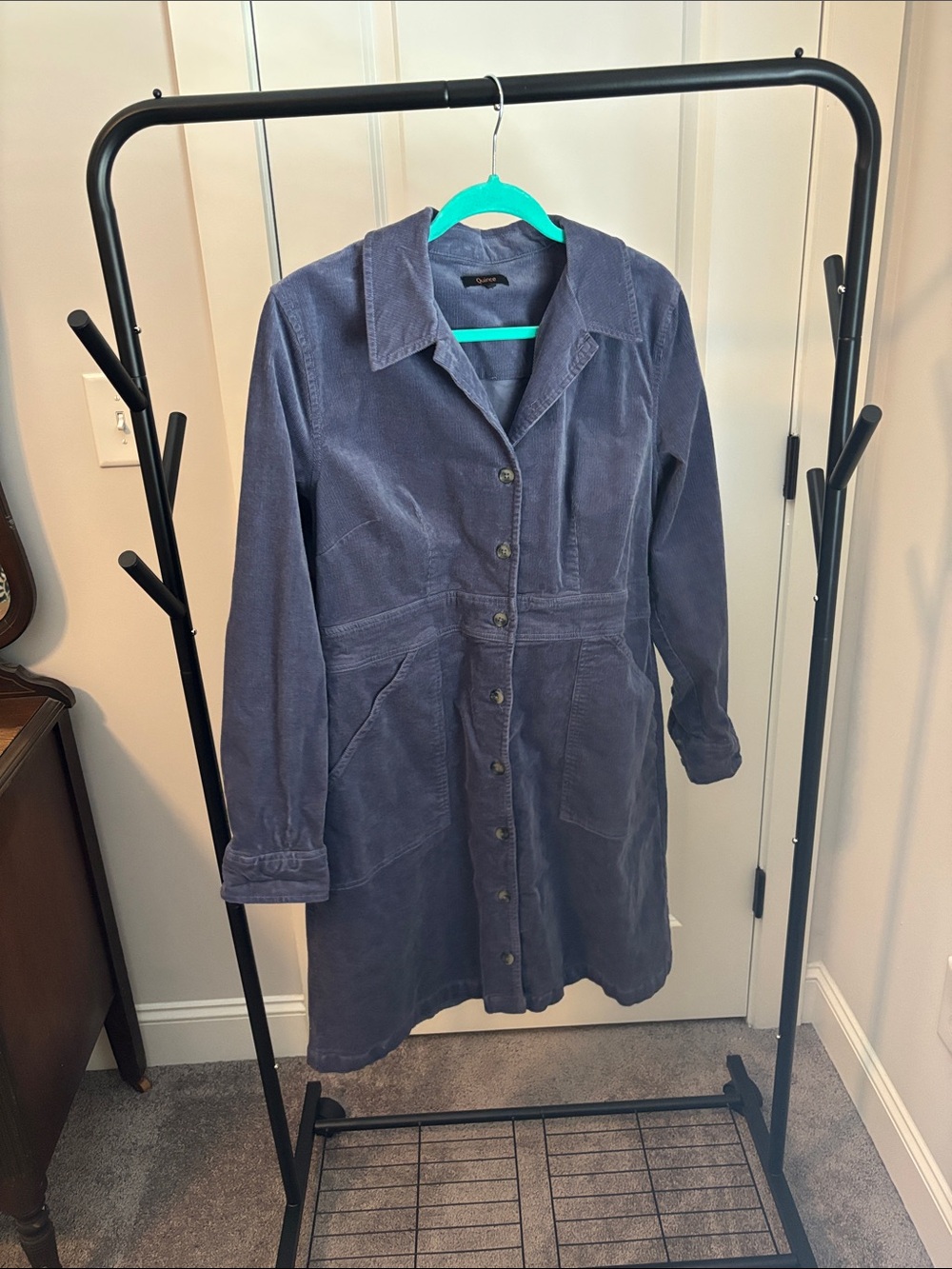 Quince Long-Sleeve Corduroy Button Dress in Slate Blue